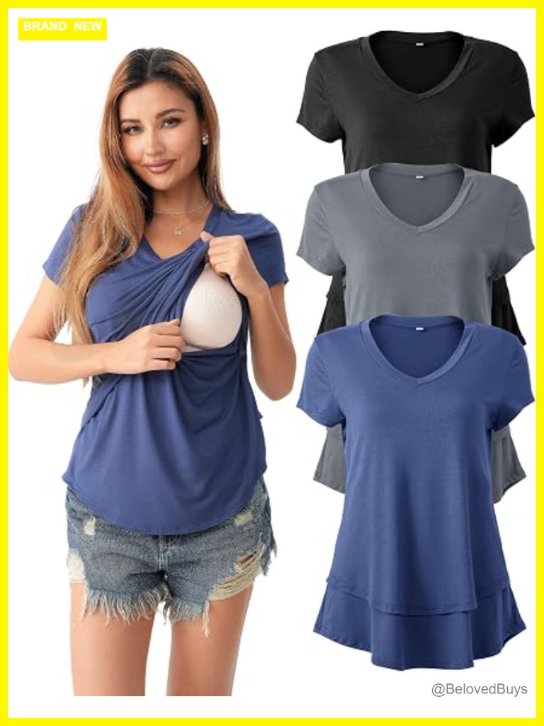 3 Pack Hidden Nursing Tops Double Layer V Neck Maternity Shirts Postpartum Tee